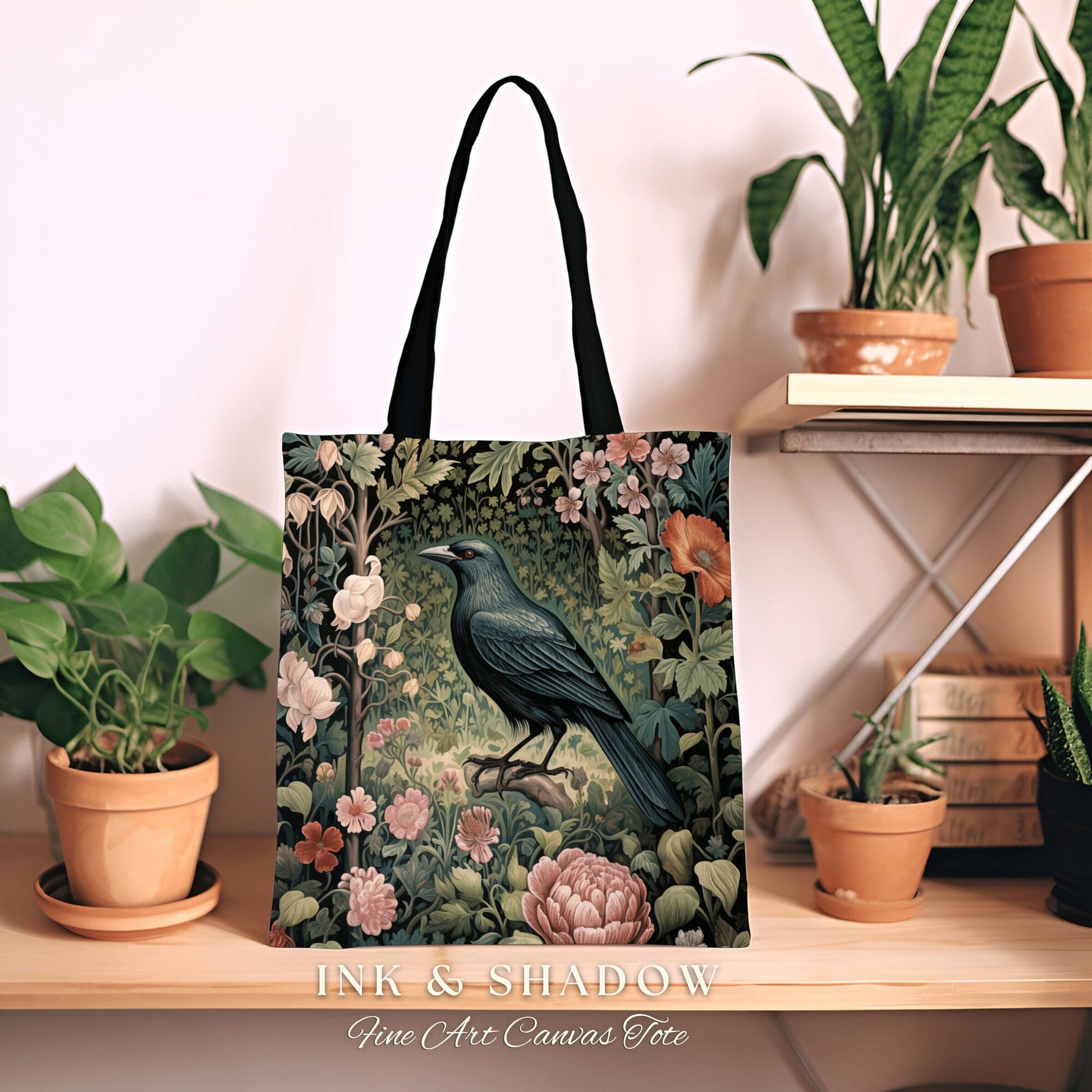 Floral Gothic Woven Tapestry Tote | Gothic Tote William Morris Inspired Raven Tote Bag Crow Core Satchel Maximalist Tapestry Dark Botanical