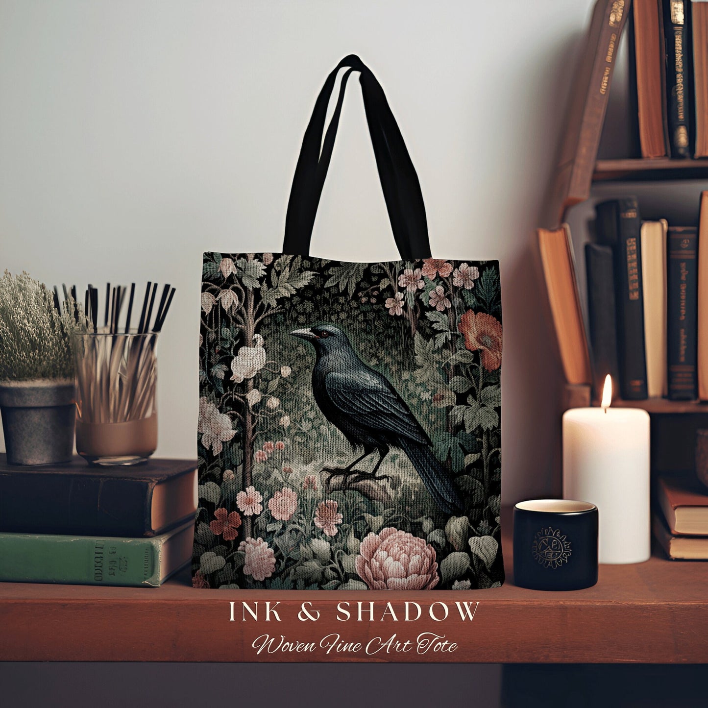 Floral Gothic Woven Tapestry Tote | Gothic Tote William Morris Inspired Raven Tote Bag Crow Core Satchel Maximalist Tapestry Dark Botanical