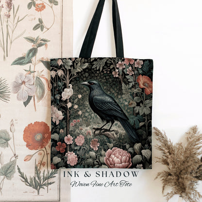 Floral Gothic Woven Tapestry Tote | Gothic Tote William Morris Inspired Raven Tote Bag Crow Core Satchel Maximalist Tapestry Dark Botanical