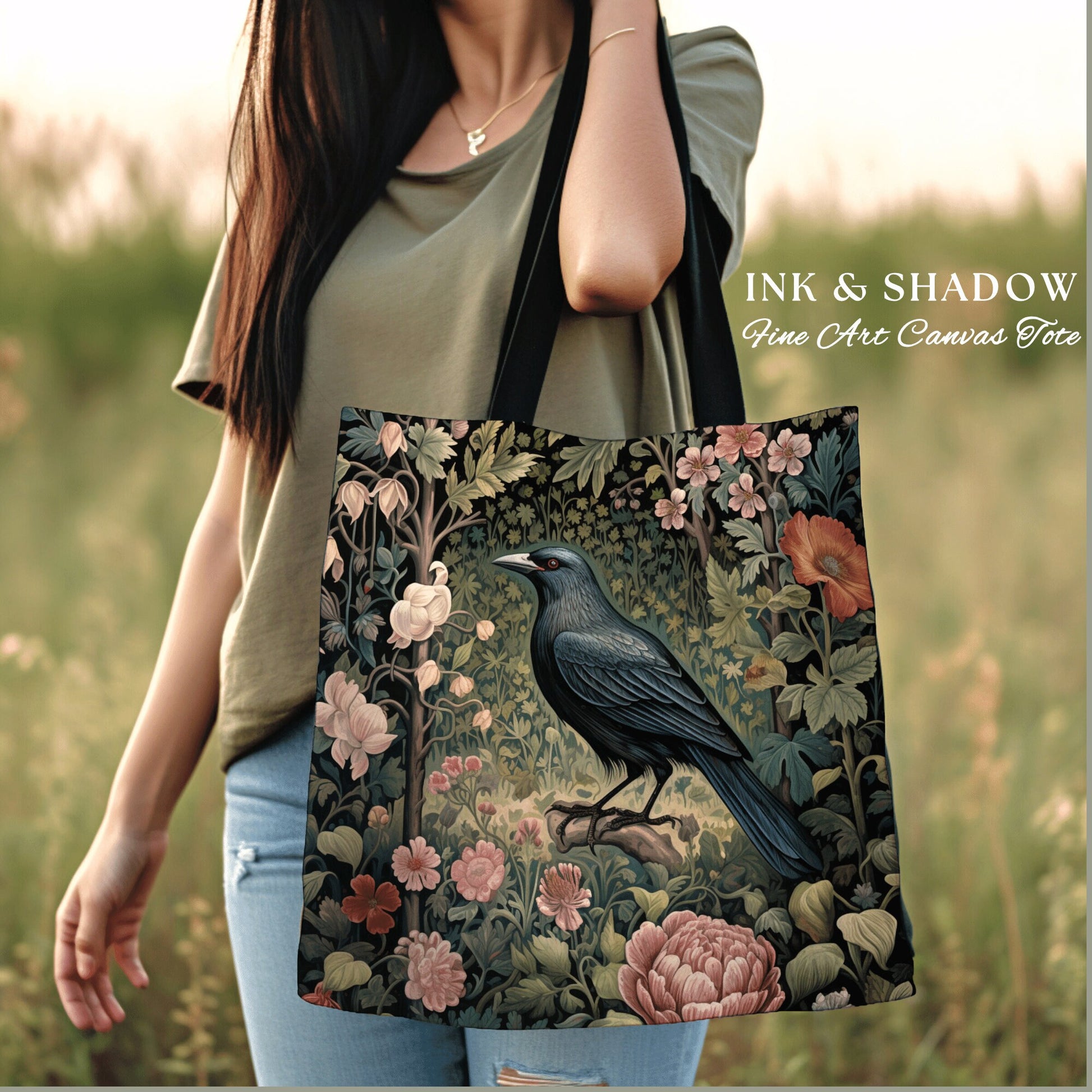 Floral Gothic Woven Tapestry Tote | Gothic Tote William Morris Inspired Raven Tote Bag Crow Core Satchel Maximalist Tapestry Dark Botanical