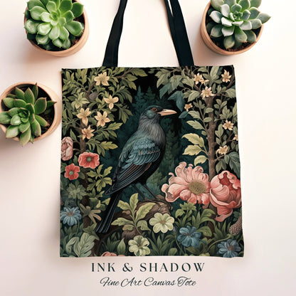 Jungle Crow Woven Tapestry Tote | Goth Tote William Morris Inspired Raven Tote Bag Crow Core Satchel Maximalist Tapestry Tote Dark Botanical