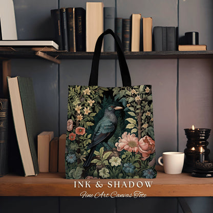 Jungle Crow Woven Tapestry Tote | Goth Tote William Morris Inspired Raven Tote Bag Crow Core Satchel Maximalist Tapestry Tote Dark Botanical