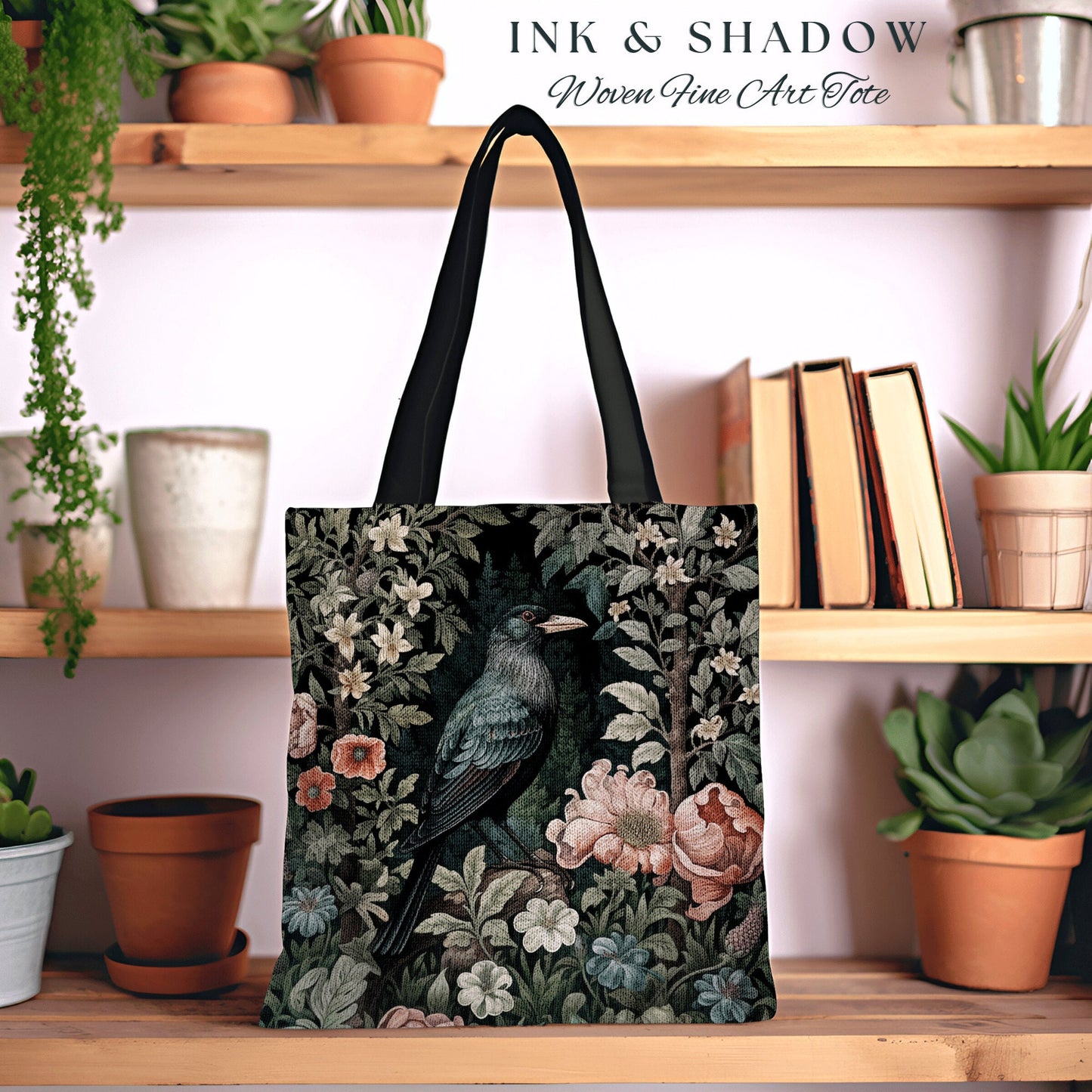 Jungle Crow Woven Tapestry Tote | Goth Tote William Morris Inspired Raven Tote Bag Crow Core Satchel Maximalist Tapestry Tote Dark Botanical