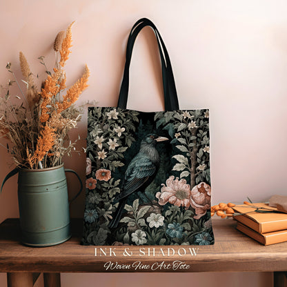 Jungle Crow Woven Tapestry Tote | Goth Tote William Morris Inspired Raven Tote Bag Crow Core Satchel Maximalist Tapestry Tote Dark Botanical