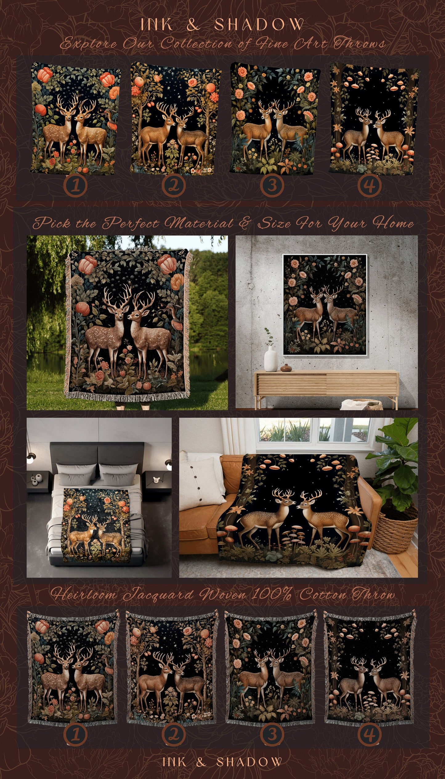 Cottagegoth Deer Tapestry Rustic | Folklore Aesthetic Blanket Woven William Morris Decor Dark Cottagecore Gothic Fairycore Deer Witchy |