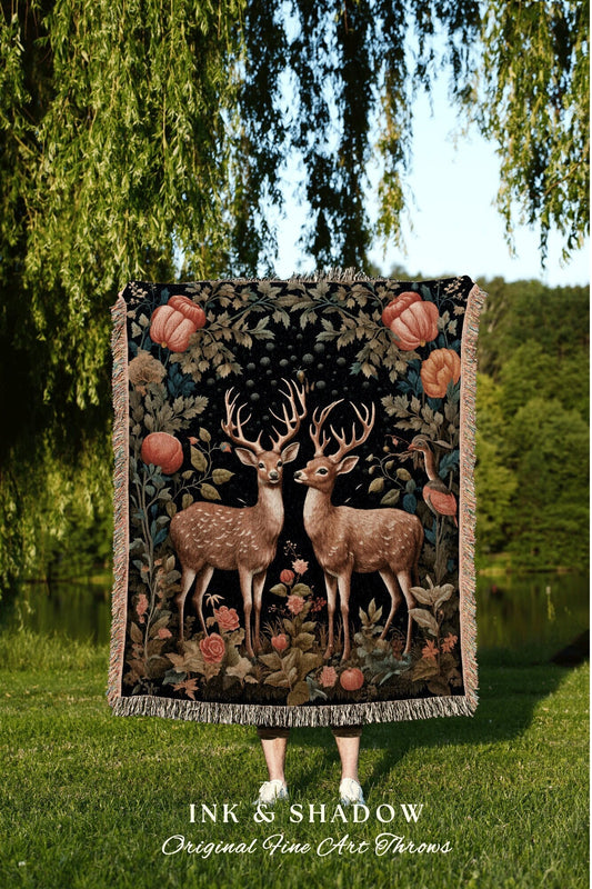 Floral Folk Art Blanket Woven | Folklore Aesthetic Tapestry William Morris Throw Dark Cottagecore Gothic Fairycore Deer Bedding Whimsical |