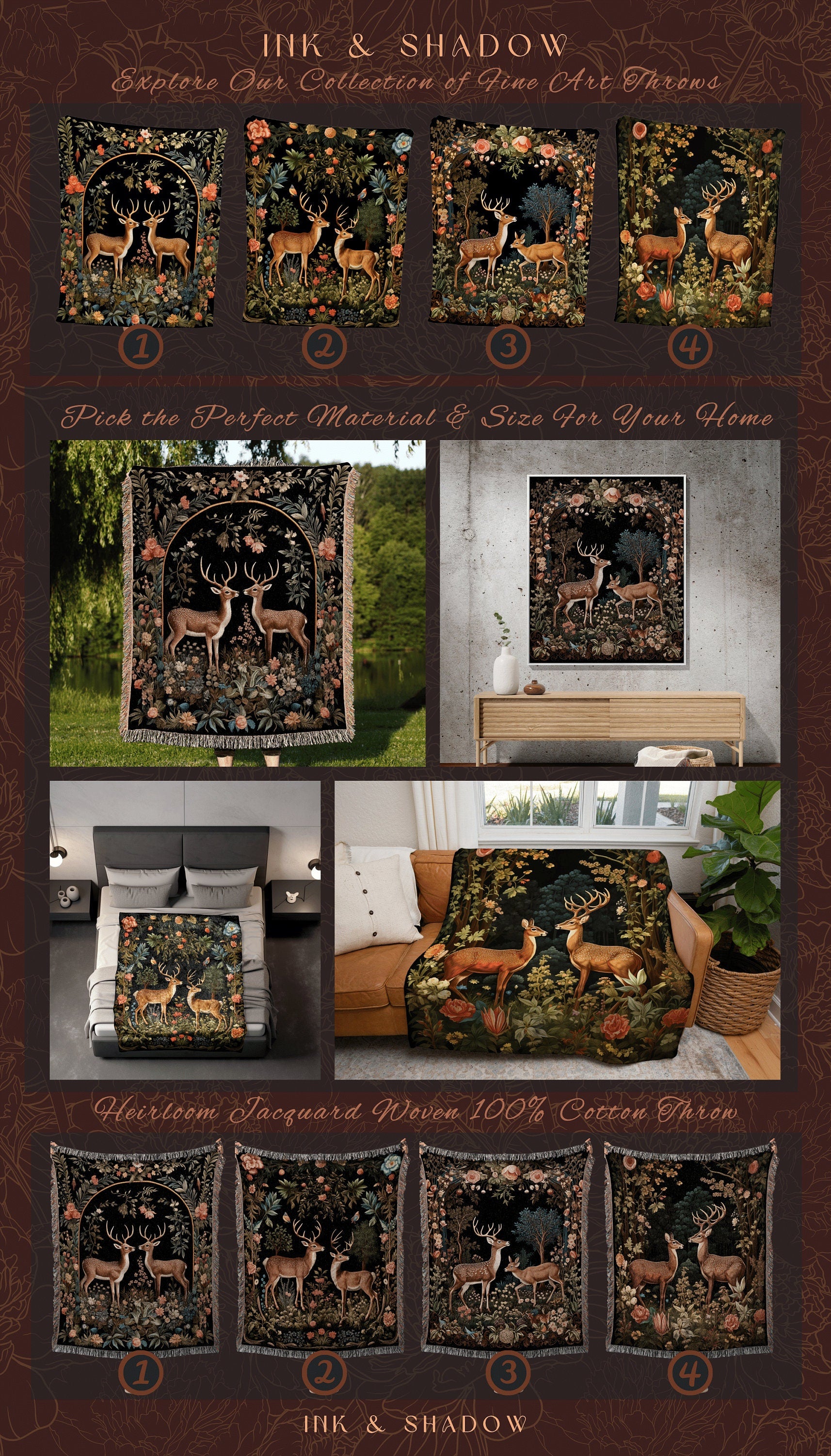 Doe & Deer Woodland Blanket | Folklore Aesthetic Tapestry Woven William Morris Decor Dark Cottagecore Cozy Gothic Fairycore Deer Witchy |