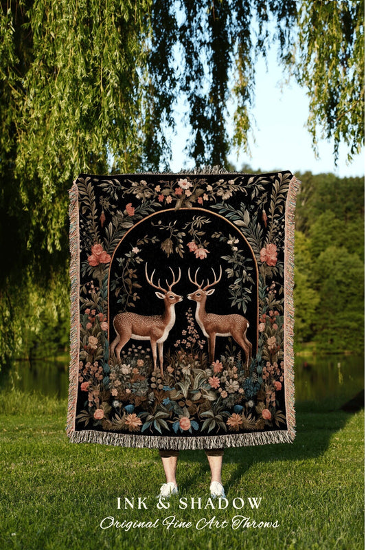 Dark Romantic Woven Blanket | Folklore Aesthetic Tapestry Woven William Morris Decor Dark Cottagecore Gothic Fairycore Deer Woodland Gift