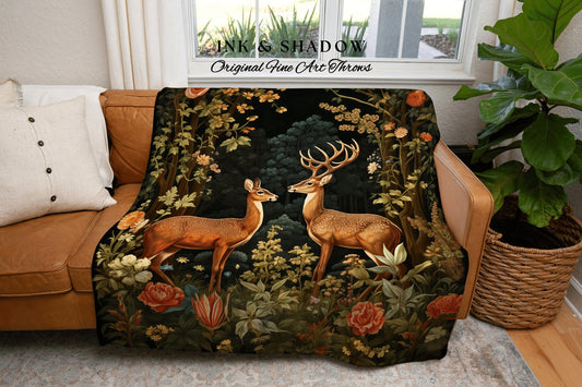 Doe & Deer Woodland Blanket | Folklore Aesthetic Tapestry Woven William Morris Decor Dark Cottagecore Cozy Gothic Fairycore Deer Witchy |