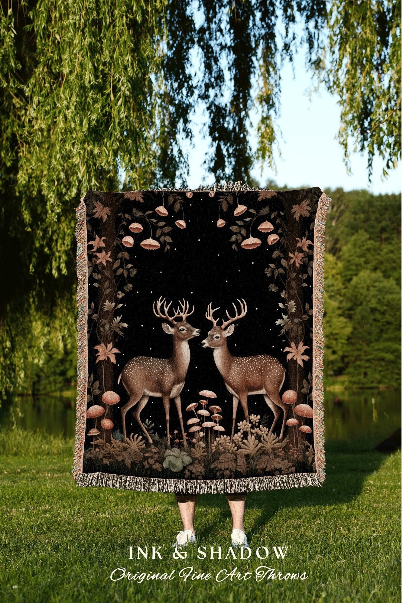 Cottagegoth Deer Tapestry Rustic | Folklore Aesthetic Blanket Woven William Morris Decor Dark Cottagecore Gothic Fairycore Deer Witchy |