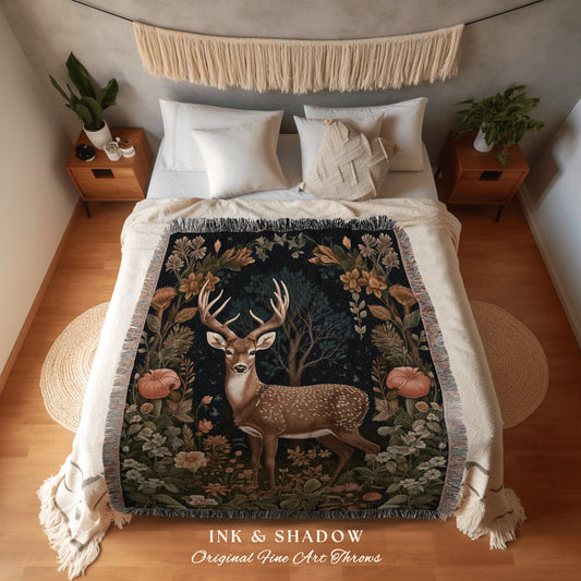 Woodland Deer Woven Blanket | Folklore Aesthetic Tapestry William Morris Throw Dark Cottagecore Gothic Fairycore Deer Bedding Dark Whimsical