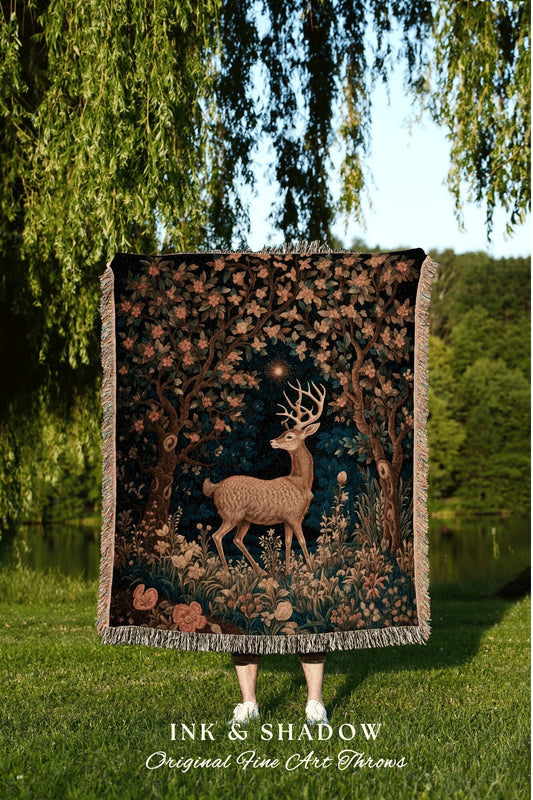 Forest Spirit Woven Fringe Blanket | Folklore Aesthetic Tapestry Woven William Morris Decor Dark Cottagecore Gothic Fairycore Deer Woodland