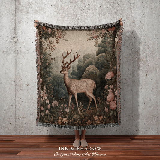 Enchanted Forest Mystic Blanket | Mystical Aesthetic Folklore Tapestry William Morris Decor Dark Cottagecore Deer Gift Cozy Throw Whimsical