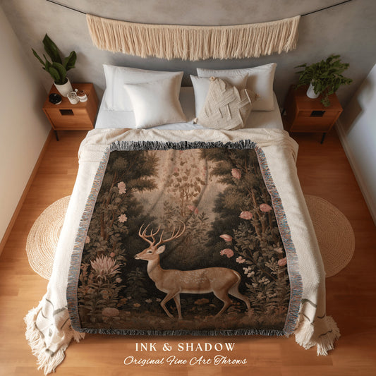 Cottagecore Deer Blanket Woven | Woodland Aesthetic Folklore Tapestry William Morris Decor Dark Fairycore Deer Gift Cozy Throw Whimsical