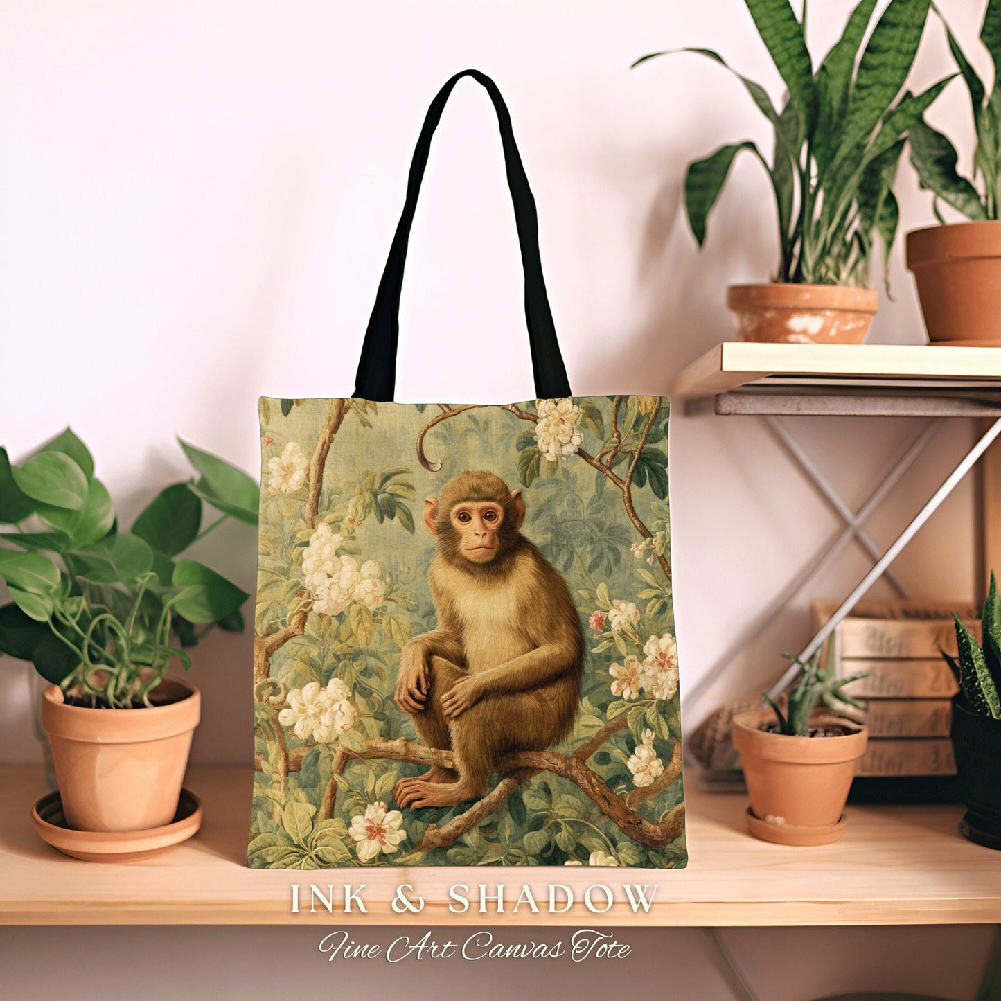 Rustic Floral Monkey Tote Bag Vintage Aesthetic Animal Lover Morris Tote Boho Light Goth Victorian Monkey Botanical Tapestry Cottgecore Bag