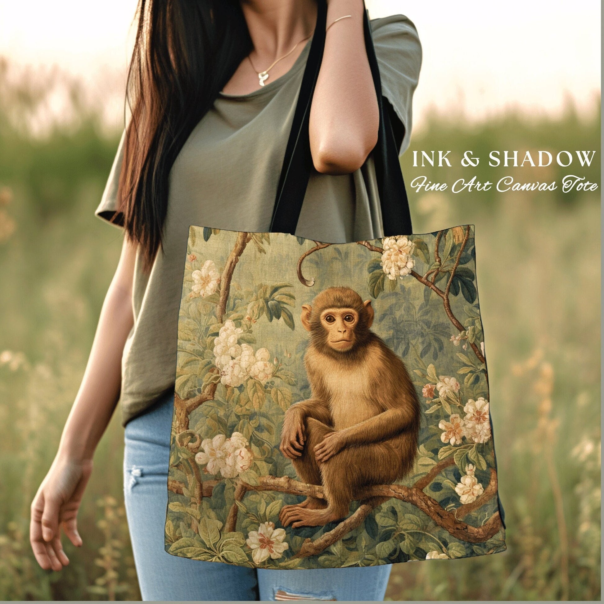 Rustic Floral Monkey Tote Bag Vintage Aesthetic Animal Lover Morris Tote Boho Light Goth Victorian Monkey Botanical Tapestry Cottgecore Bag