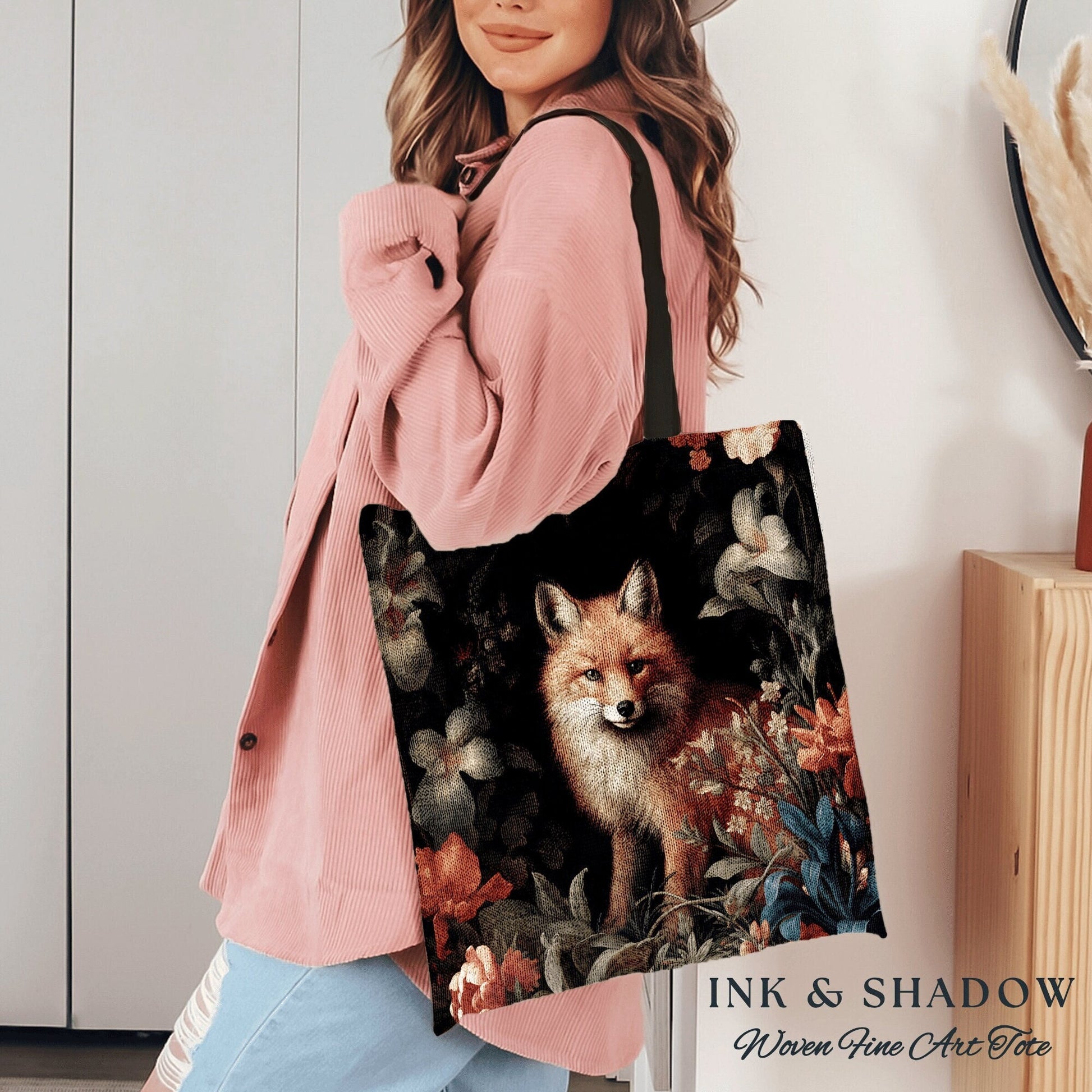 Floral Aesthetic Victorian Fox Tote | Dark Academia William Morris Inspired Tote Bag Aesthetic Medieval Woven Tapestry Bag Botanical Fox Art