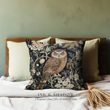 Dark Botanical Owl Pillow Woven | Whimsical William Morris Inspired Throw Pillow Aesthetic Goth Woven Pillow Victorian Fairy Core Owl Decor