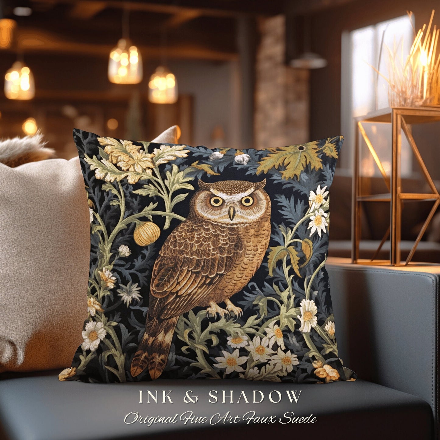 Dark Botanical Owl Pillow Woven | Whimsical William Morris Inspired Throw Pillow Aesthetic Goth Woven Pillow Victorian Fairy Core Owl Decor