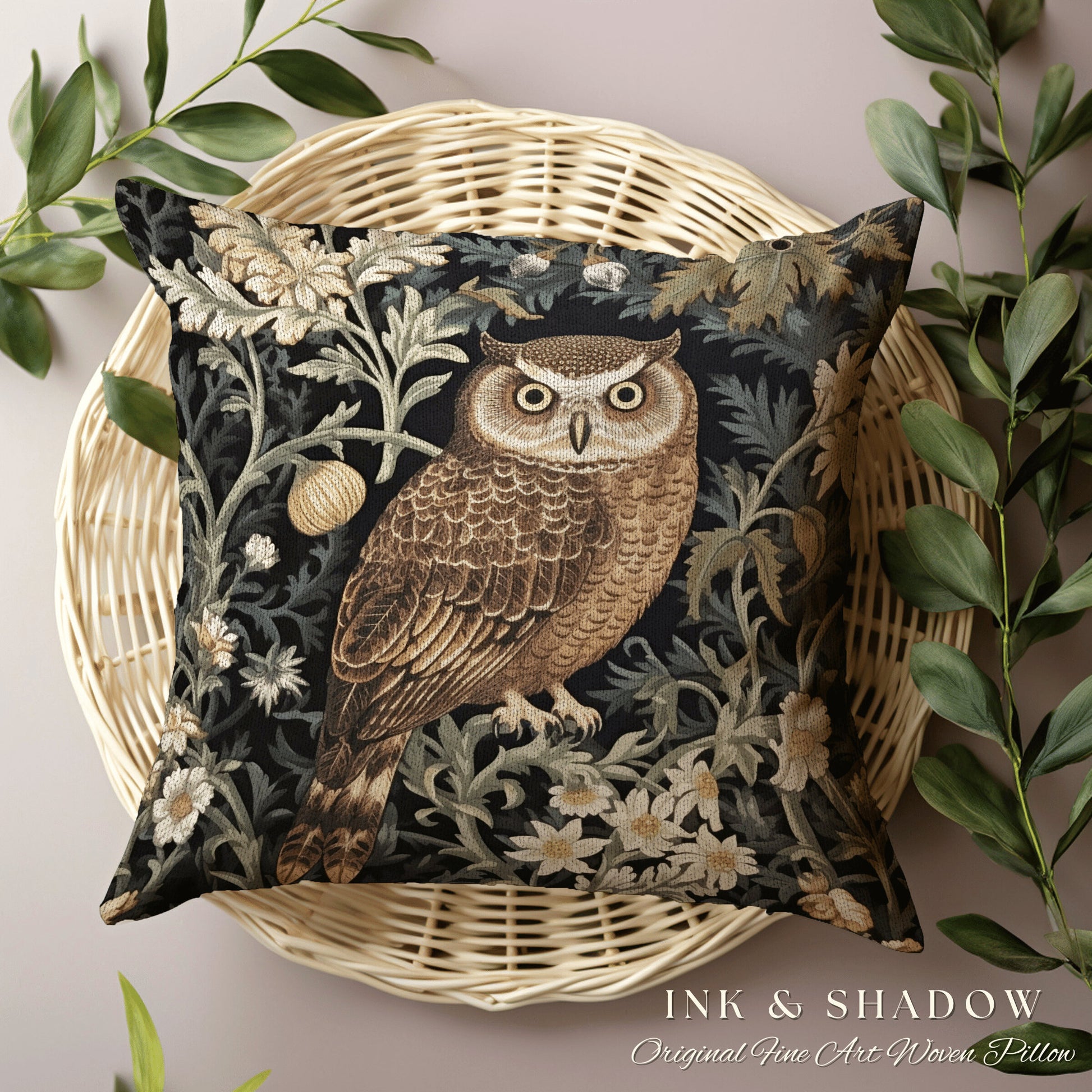 Dark Botanical Owl Pillow Woven | Whimsical William Morris Inspired Throw Pillow Aesthetic Goth Woven Pillow Victorian Fairy Core Owl Decor