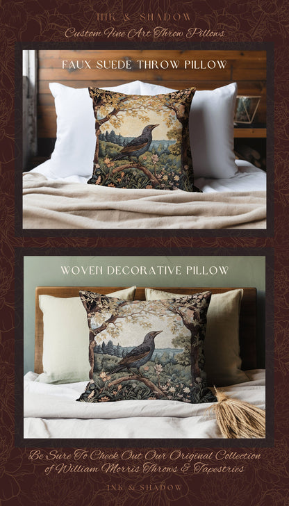 Crow Woven Pillow Whimsical | Gothic Pillow William Morris Inspired Raven Decor Crow Core Pillow Maximalist Rustic Pillow Dark Woodland Gift