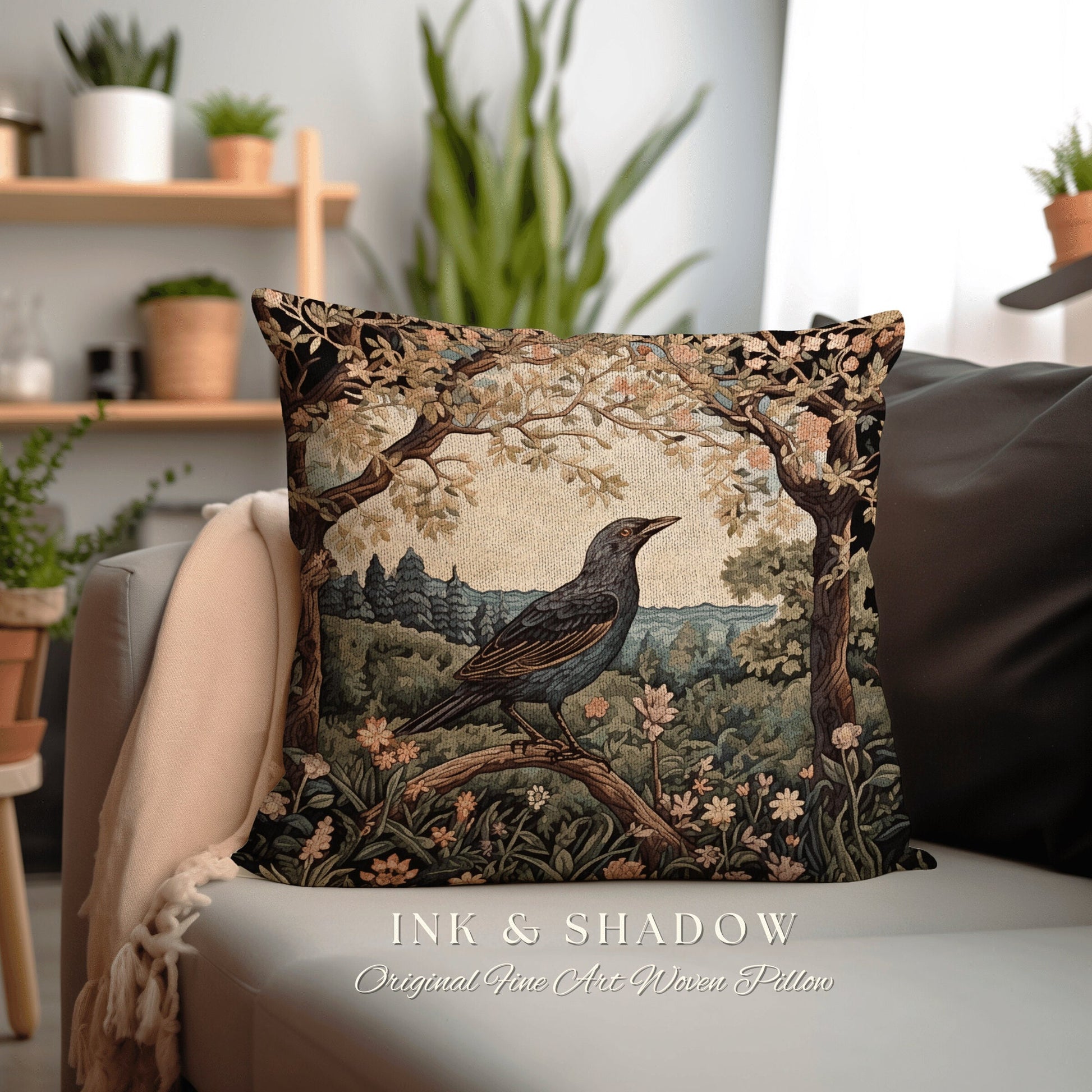 Crow Woven Pillow Whimsical | Gothic Pillow William Morris Inspired Raven Decor Crow Core Pillow Maximalist Rustic Pillow Dark Woodland Gift