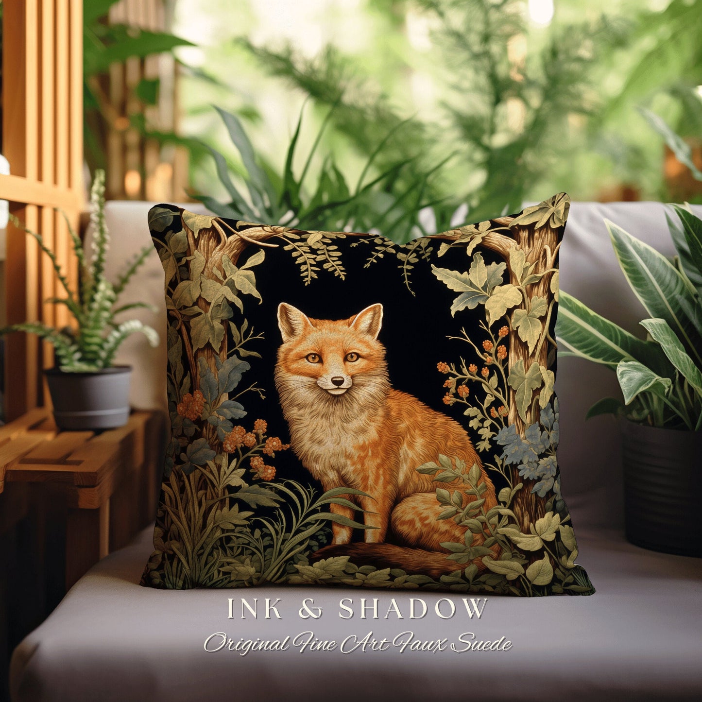 Morris Fox Woven Throw Pillow | Dark Academia William Morris Inspired Pillow Aesthetic Medieval Woven Pillow Victorian Gothic Fox Home Decor