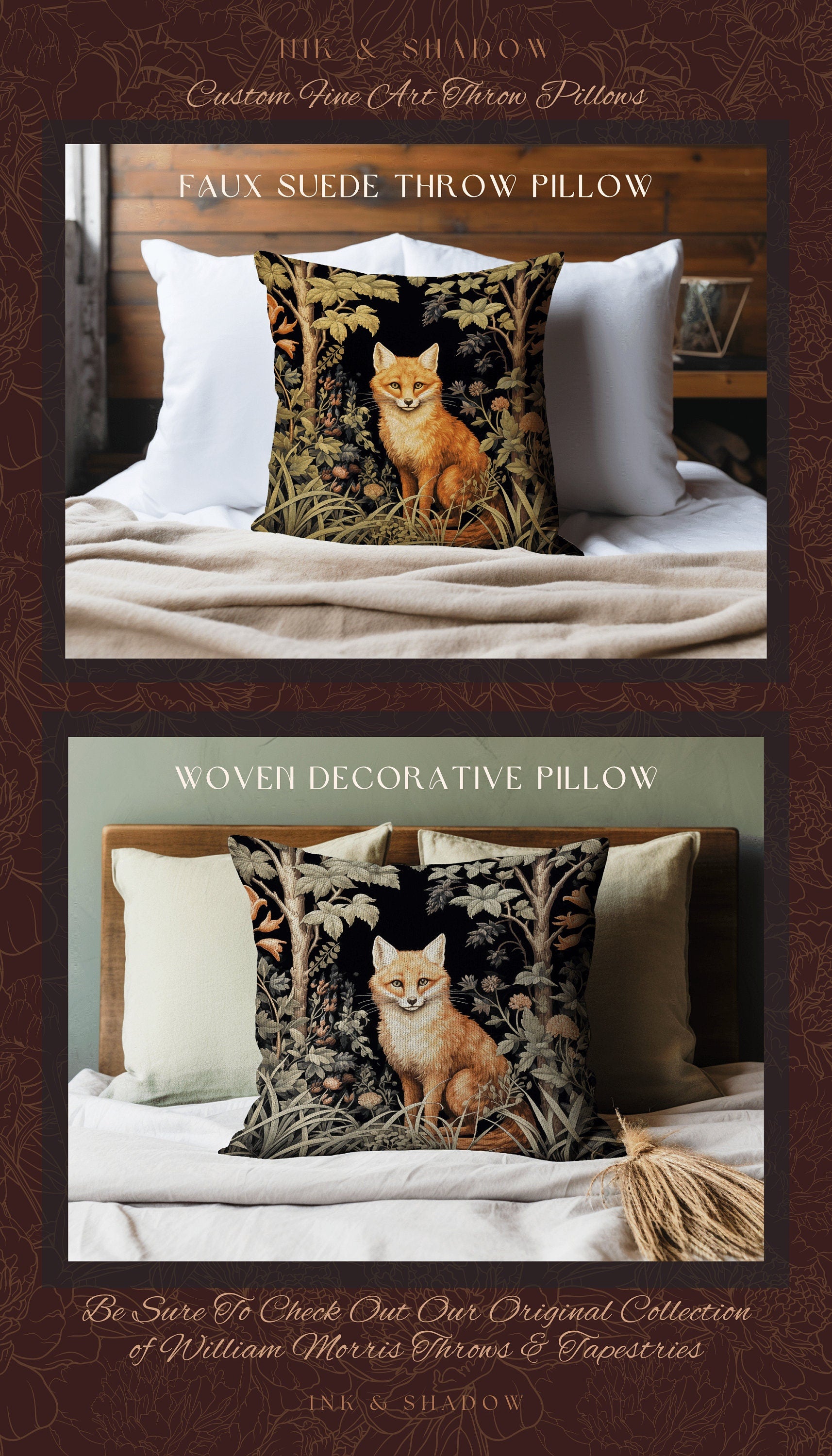 Morris Fox Woven Throw Pillow | Dark Academia William Morris Inspired Pillow Aesthetic Medieval Woven Pillow Victorian Gothic Fox Home Decor