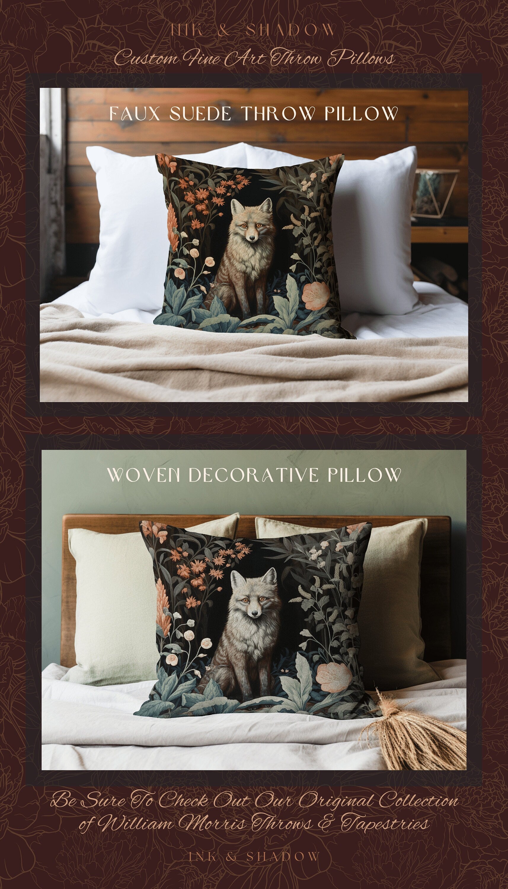 Grey Fox Pillow Woven Floral Decor | Dark Academia William Morris Inspired Pillow Aesthetic Medieval Woven Pillow Victorian Gothic Fox Decor