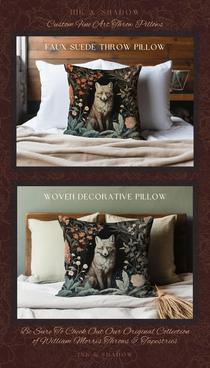 Fox Throw Pillow Dark Botanical | Dark Academia William Morris Inspired Pillow Aesthetic Medieval Woven Pillow Victorian Gothic Fox Decor |