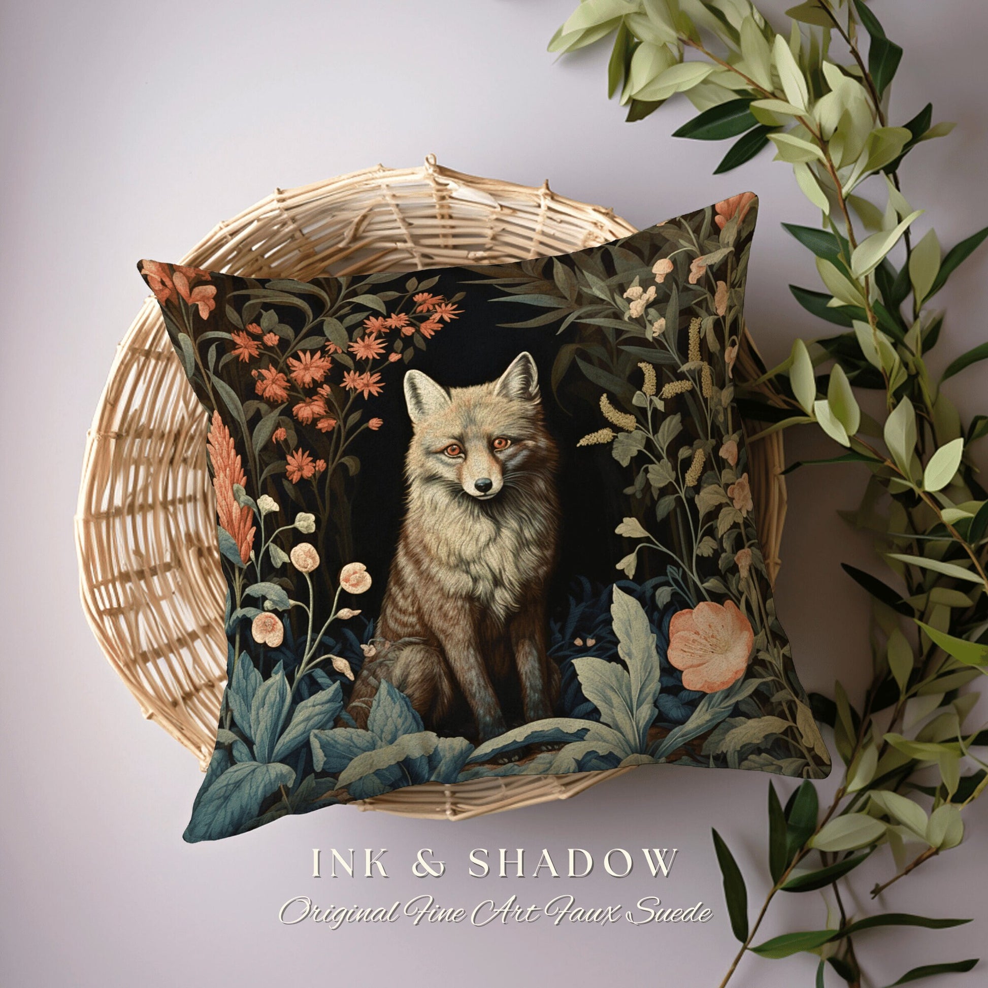 Fox Throw Pillow Dark Botanical | Dark Academia William Morris Inspired Pillow Aesthetic Medieval Woven Pillow Victorian Gothic Fox Decor |