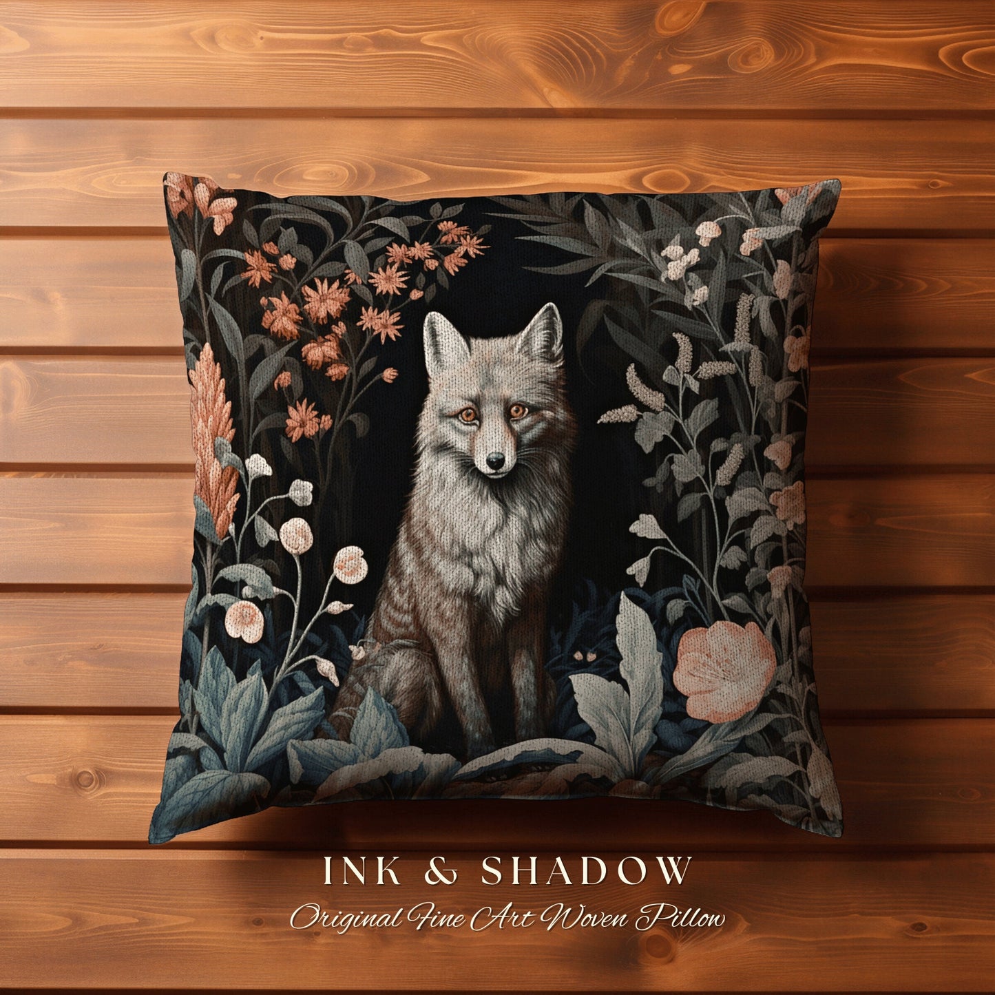 Fox Throw Pillow Dark Botanical | Dark Academia William Morris Inspired Pillow Aesthetic Medieval Woven Pillow Victorian Gothic Fox Decor |