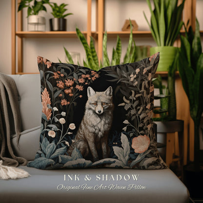 Fox Throw Pillow Dark Botanical | Dark Academia William Morris Inspired Pillow Aesthetic Medieval Woven Pillow Victorian Gothic Fox Decor |