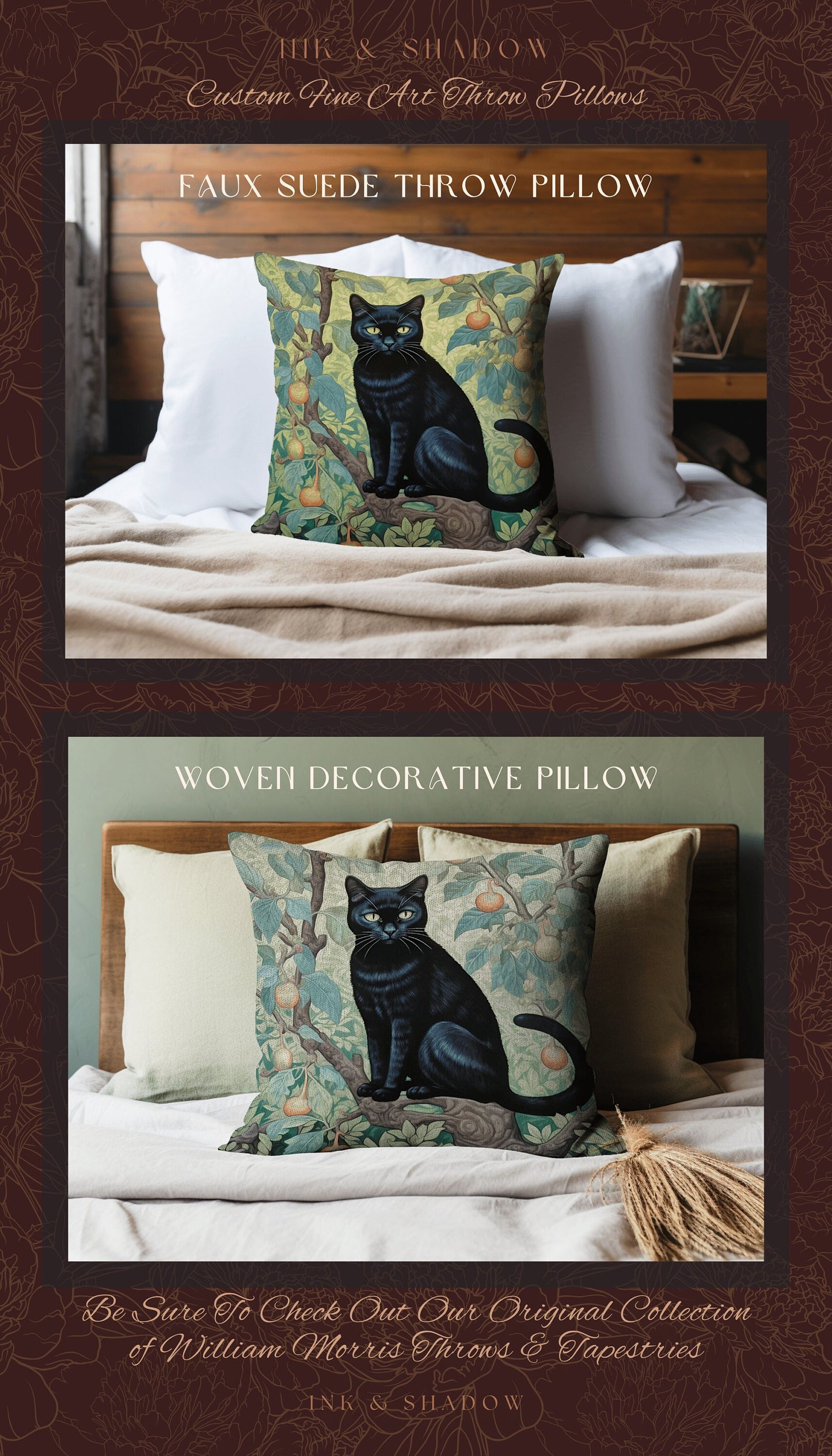 Back Cat Woven Pillow Gothic | Dark Academia William Morris Inspired Decor Dark Academia Cat Person Gift Tapestry Bag Woven Victorian Cat |