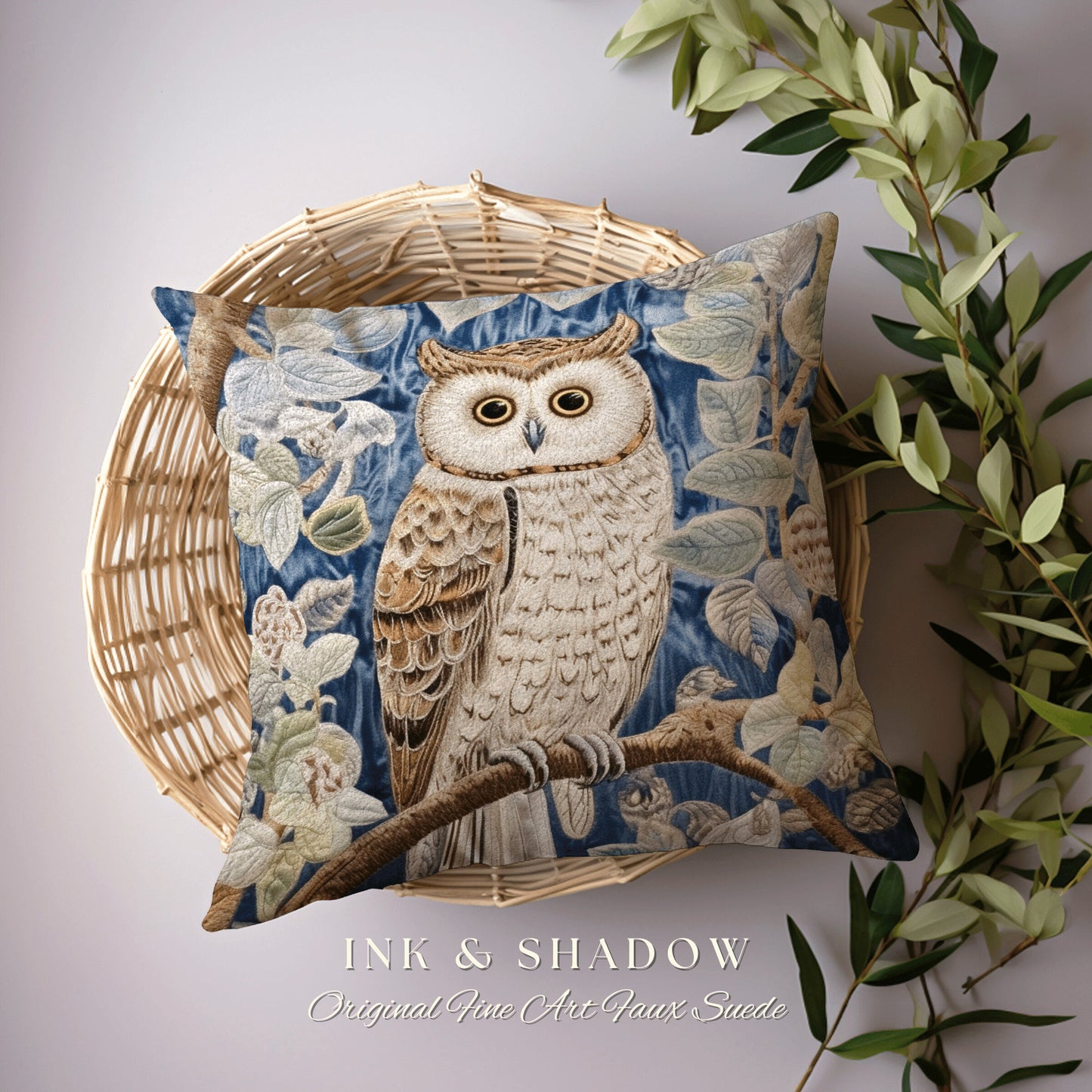 Pastel Blue Owl Woven Pillow | Whimsical William Morris Inspired Boho Aesthetic Botanical Spring Decorating Pillow Woven Victorian Owl Decor