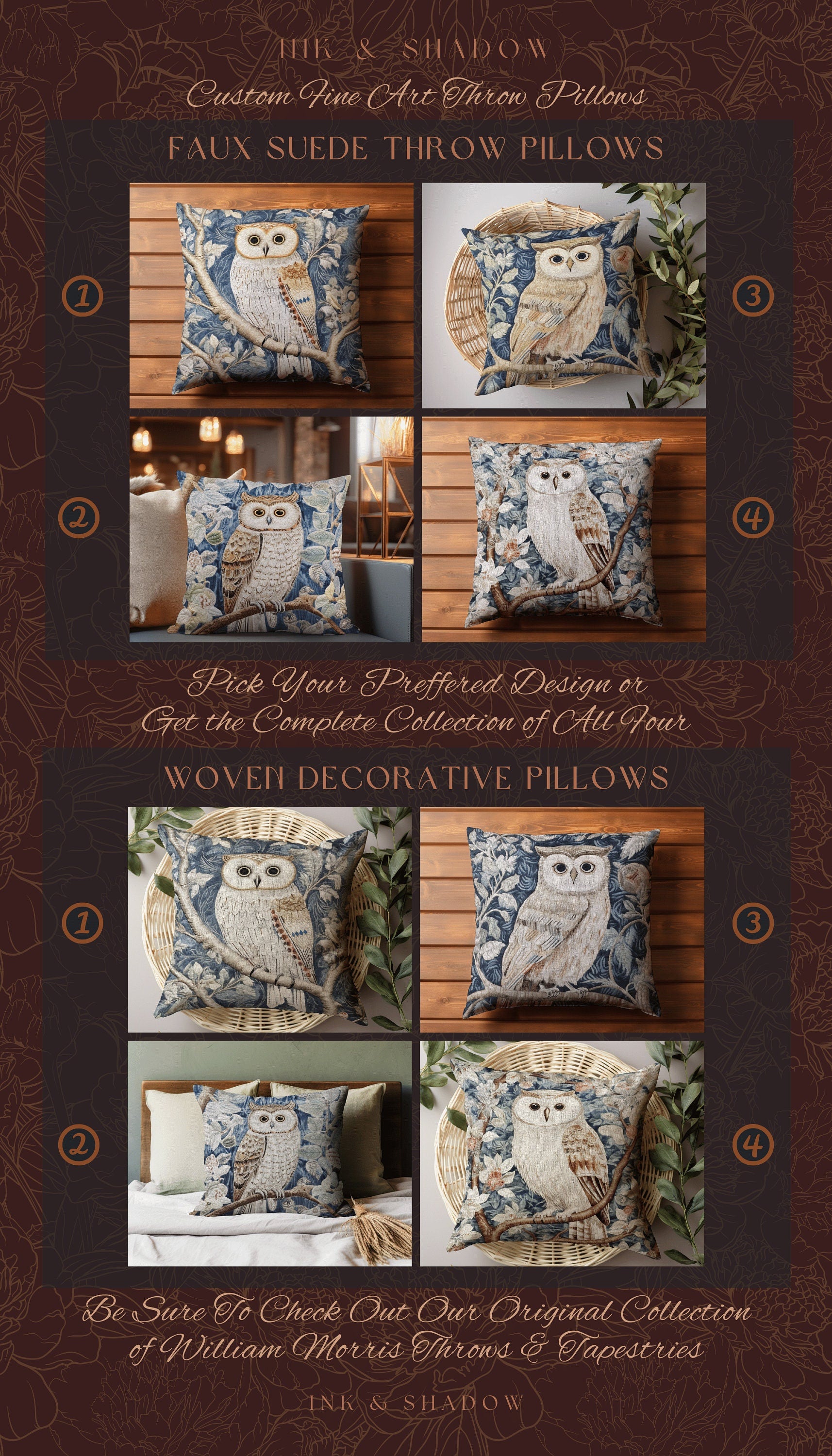 Pastel Blue Owl Woven Pillow | Whimsical William Morris Inspired Boho Aesthetic Botanical Spring Decorating Pillow Woven Victorian Owl Decor