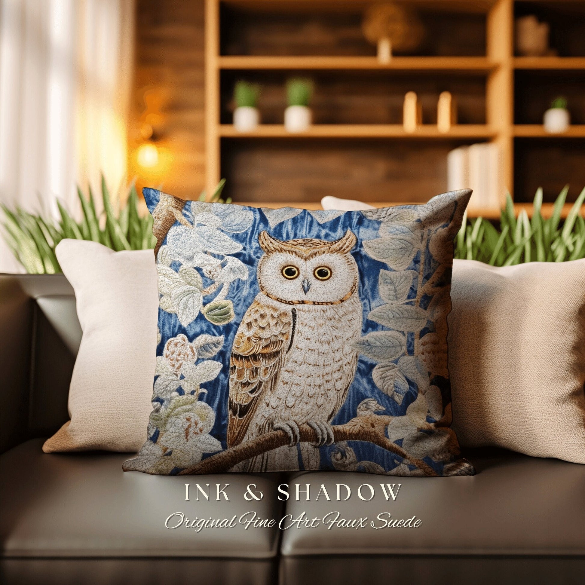 Pastel Blue Owl Woven Pillow | Whimsical William Morris Inspired Boho Aesthetic Botanical Spring Decorating Pillow Woven Victorian Owl Decor