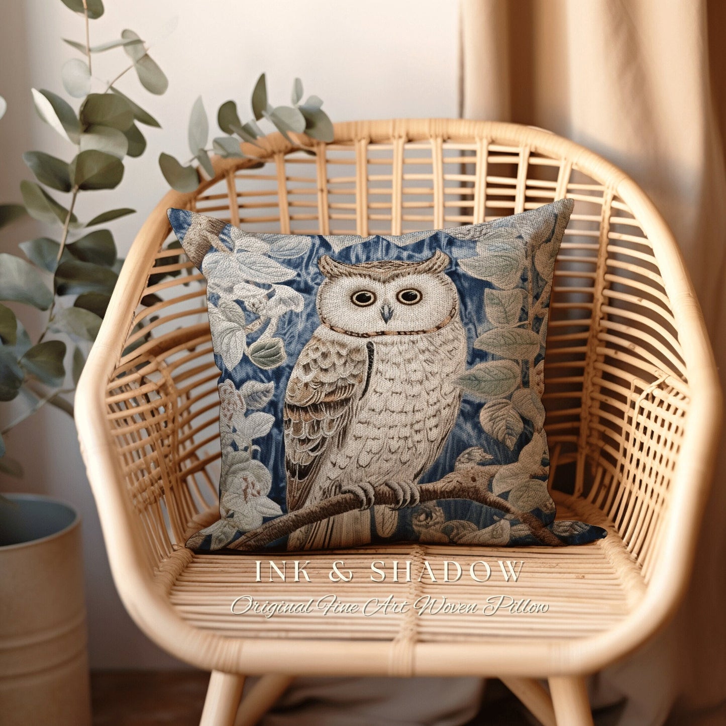 Pastel Blue Owl Woven Pillow | Whimsical William Morris Inspired Boho Aesthetic Botanical Spring Decorating Pillow Woven Victorian Owl Decor