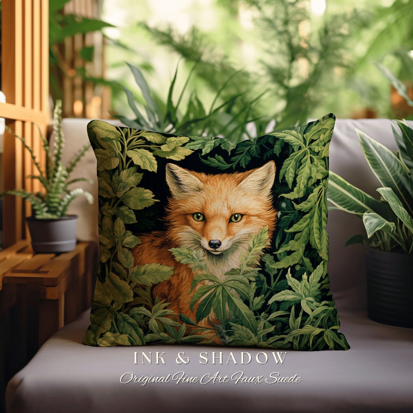 Gothic Fox Pillow Woven Botanical | Dark Academia William Morris Inspired Pillow Aesthetic Medieval Woven Pillow Victorian Gothic Fox Decor