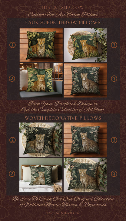 Jungle Pillow Woven Gothic | Dark Academia William Morris Inspired Leopard Pillow Aesthetic Medieval Woven Pillow Victorian Gothic Gifts |