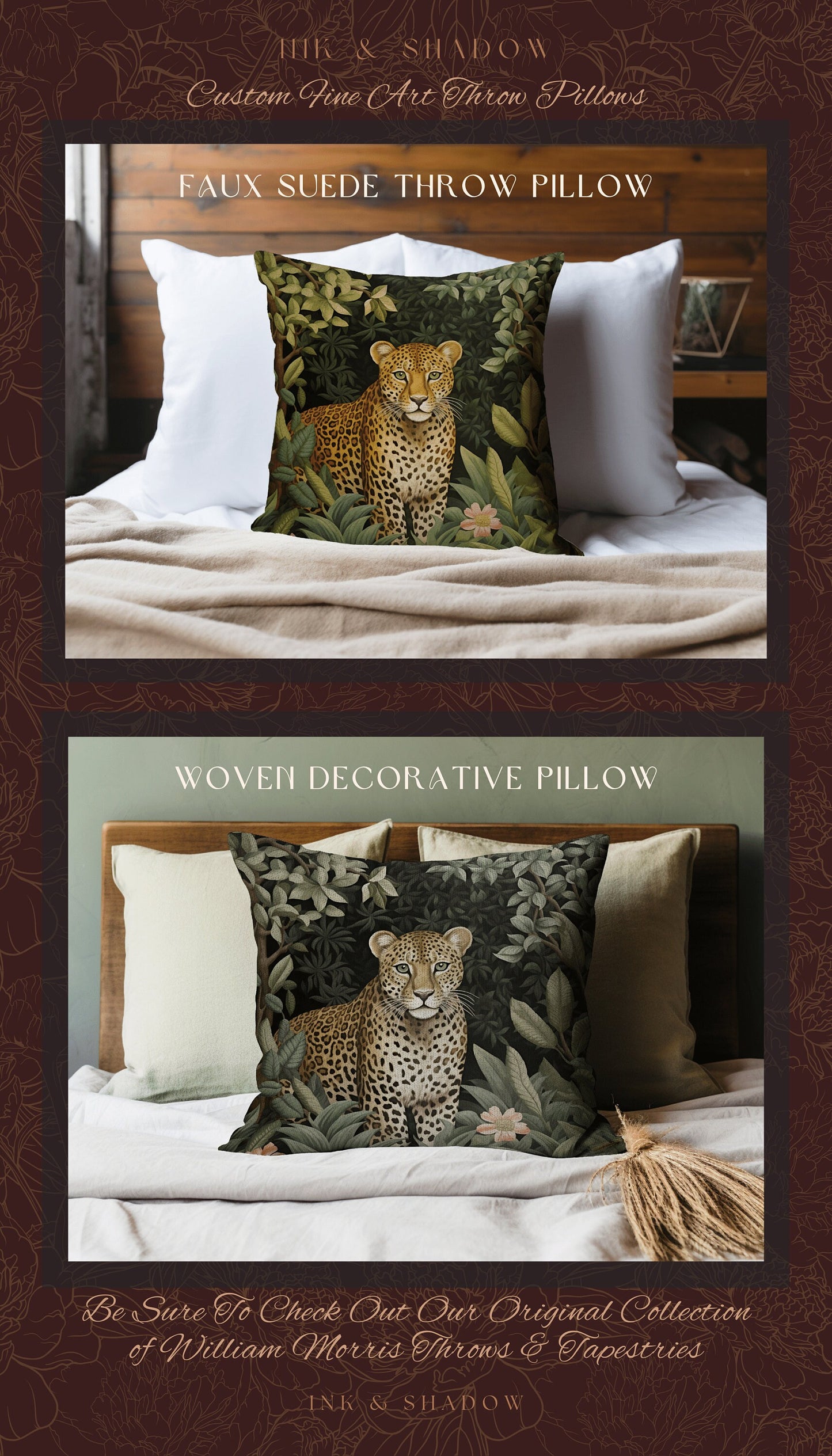 Jungle Pillow Woven Gothic | Dark Academia William Morris Inspired Leopard Pillow Aesthetic Medieval Woven Pillow Victorian Gothic Gifts |