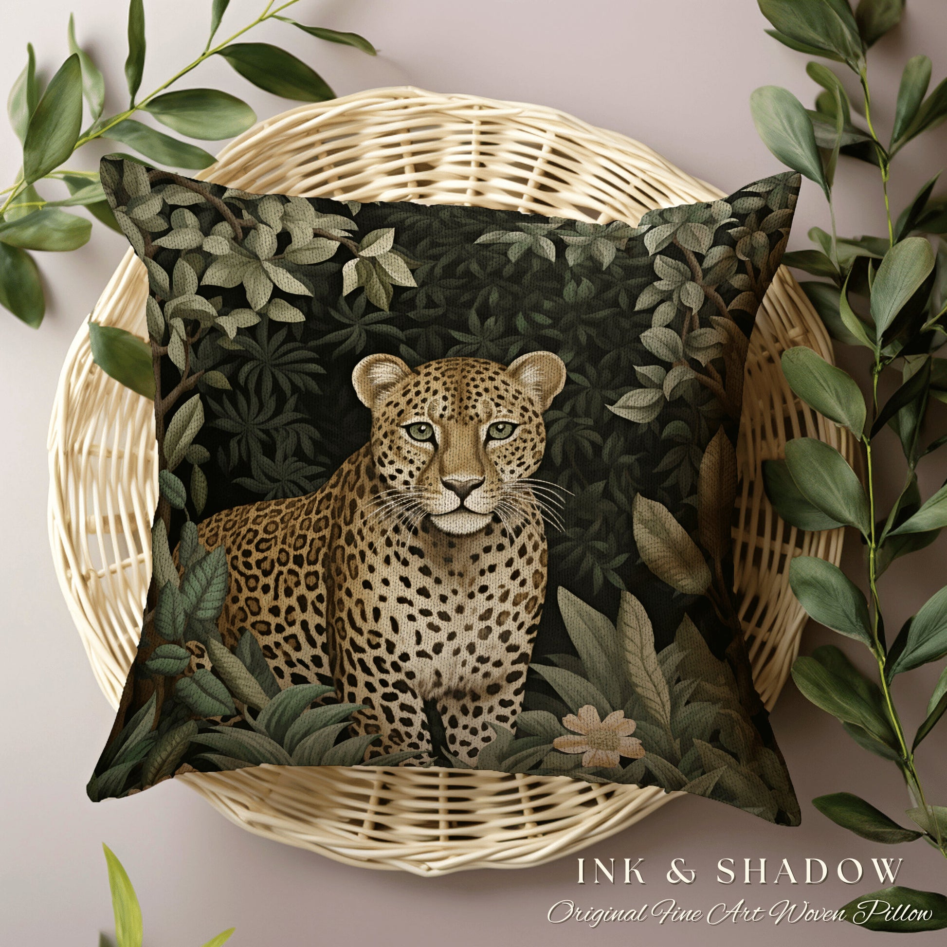 Jungle Pillow Woven Gothic | Dark Academia William Morris Inspired Leopard Pillow Aesthetic Medieval Woven Pillow Victorian Gothic Gifts |