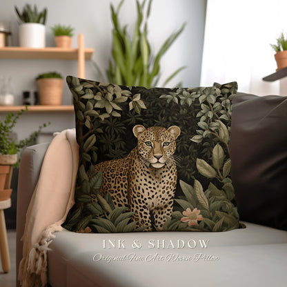 Jungle Pillow Woven Gothic | Dark Academia William Morris Inspired Leopard Pillow Aesthetic Medieval Woven Pillow Victorian Gothic Gifts |