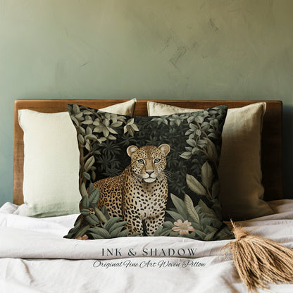 Jungle Pillow Woven Gothic | Dark Academia William Morris Inspired Leopard Pillow Aesthetic Medieval Woven Pillow Victorian Gothic Gifts |