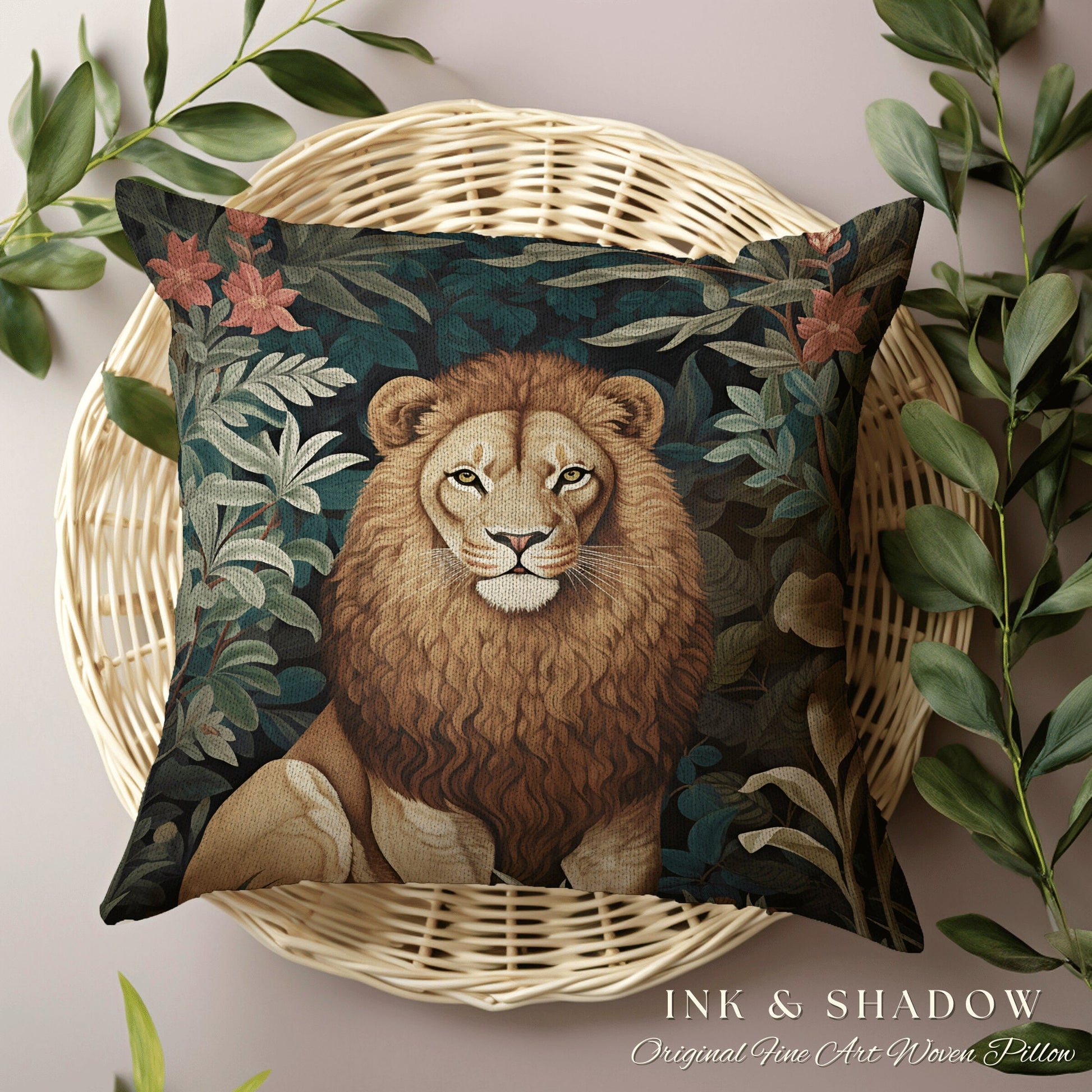 Lion Pillow Dark Botanical Decor | Jungle Aesthetic William Morris Inspired Lion Pillow Aesthetic Medieval Woven Pillow Victorian Gothic |