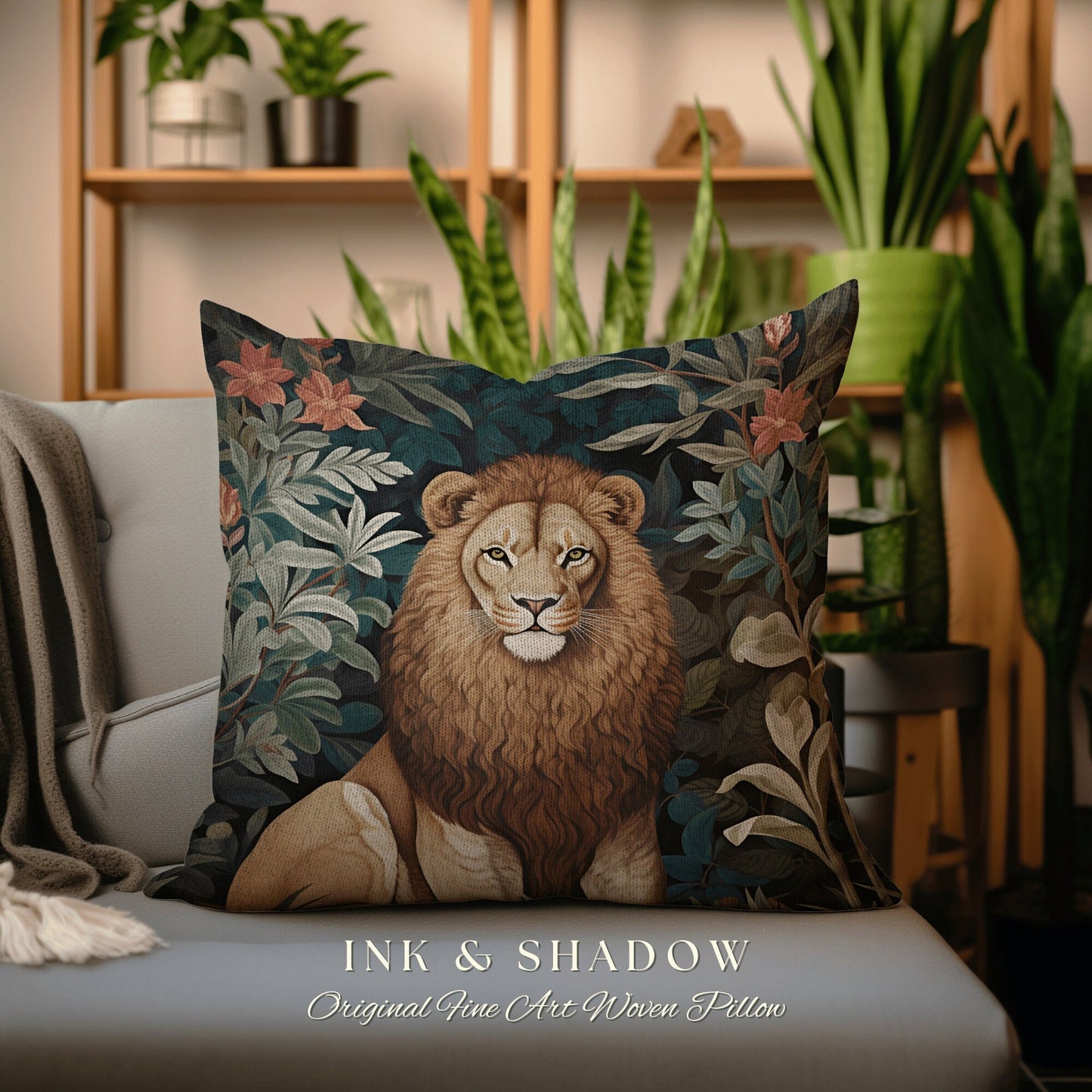 Lion Pillow Dark Botanical Decor | Jungle Aesthetic William Morris Inspired Lion Pillow Aesthetic Medieval Woven Pillow Victorian Gothic |