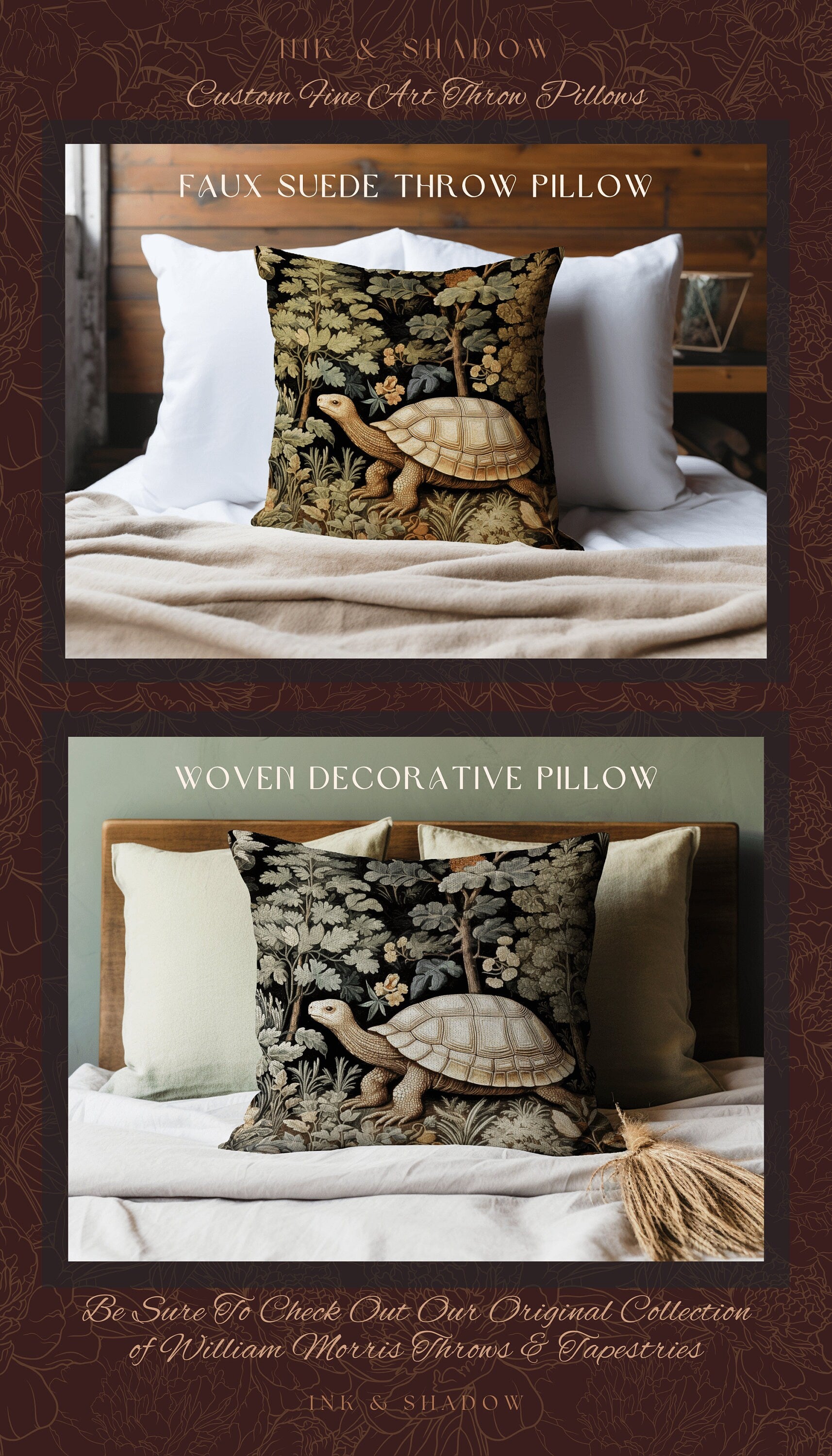 Woodland Gothic Botanical Tortoise Pillow | Whimsical Pillow William Morris Inspired Boho Turtle Pillow Fairy Aesthetic Pillow Cottagecore