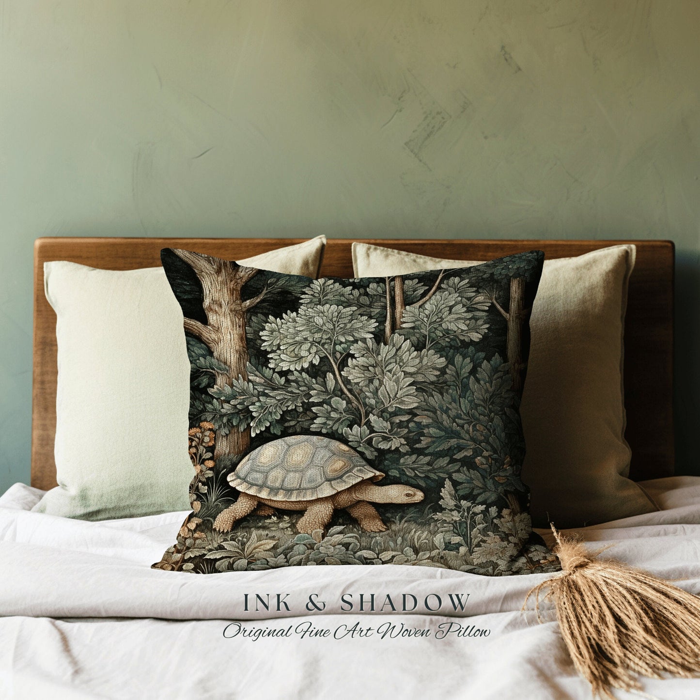 Woodland Gothic Botanical Tortoise Pillow | Whimsical Pillow William Morris Inspired Boho Turtle Pillow Fairy Aesthetic Pillow Cottagecore