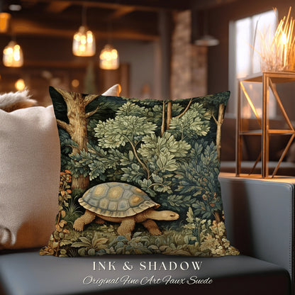 Woodland Gothic Botanical Tortoise Pillow | Whimsical Pillow William Morris Inspired Boho Turtle Pillow Fairy Aesthetic Pillow Cottagecore