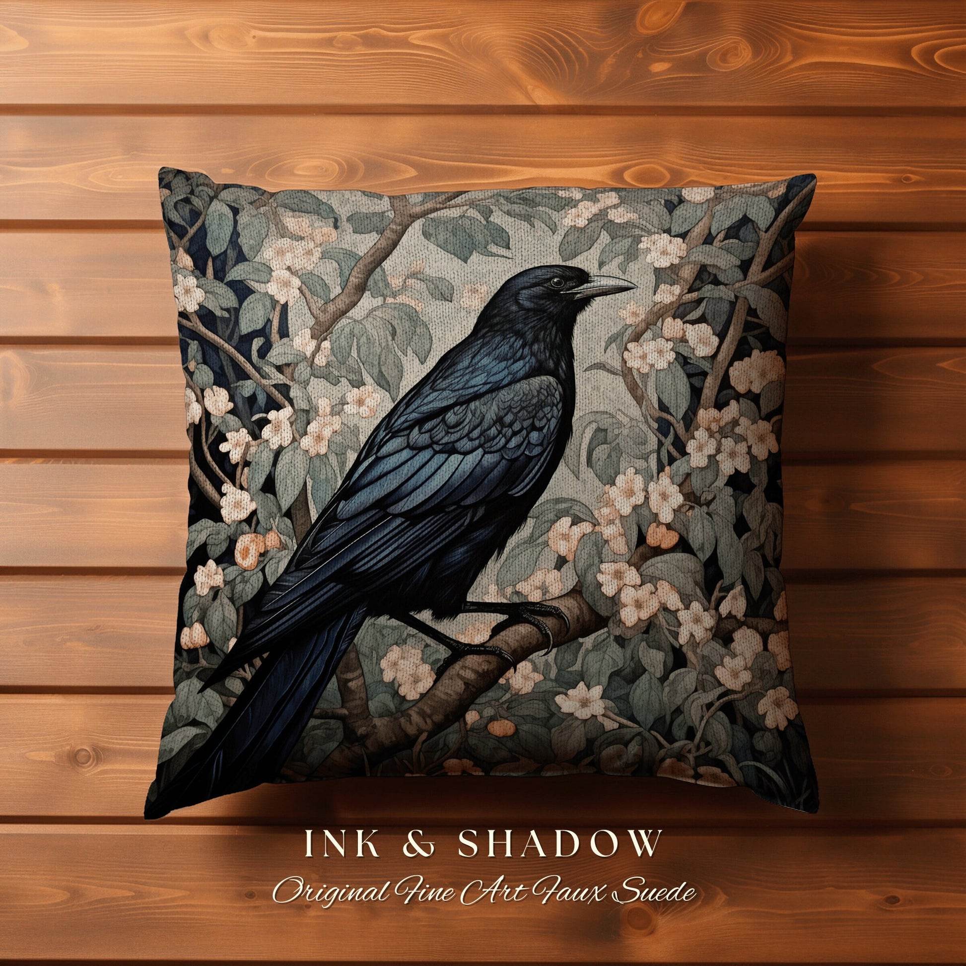 Raven Throw Pillow Woven | Gothic Pillow William Morris Art Pillow Raven Decor Crow Core Pillow Maximalist Rustic Pillow Dark Woodland Boho